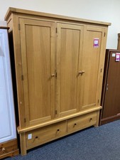Oak Triple Wardrobe With Drawers Hinge Doors Freestanding Wooden Storage