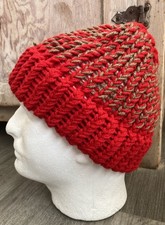 70s 80s Unworn Vintage NOS Unisex Handmade Knit Hat Red  Brown Retro O/S