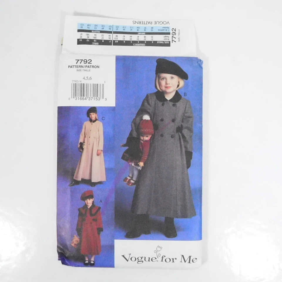 Vogue 7792 Children Coat Hat Pattern Size 4-6 Uncut Double Breasted Capelet - Image 3 of 4