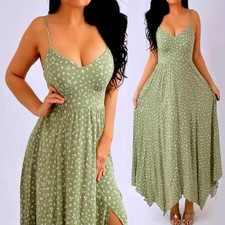 Olive Green White Floral Crinkle Scarf Hem Long Maxi Dress S Small NEW