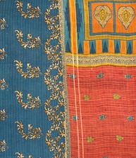 2pc lot Kantha Matching Quilt Vintage Saree Twin Blanket Upcycle Queen King Blue