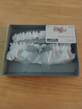 NEW White With Blue Bow  Jewel Double Garter Set Wedding His  Hers Studio