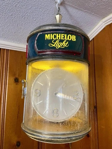 Vintage Michelob Light Beer Hanging Revolving Sign Bar Clock Anheuser Busch