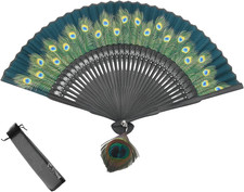 - Chinese/Japanese Elegant Peacock Pattern Folding Bamboo Handheld Silk Hand Fan