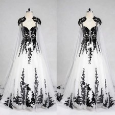 Gothic Wedding Dresses with Cape Black Lace Appliques A Line Corset Bridal Gowns