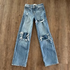 Abercrombie Kids High Rise Wide-Leg Ripped Blue Denim Jeans Girls 9/10 Long