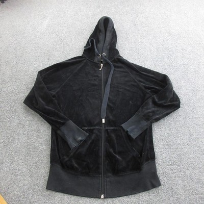 Juicy Couture Hoodie Womens Medium Black Velour Full Zip Sweatshirt Pockets
