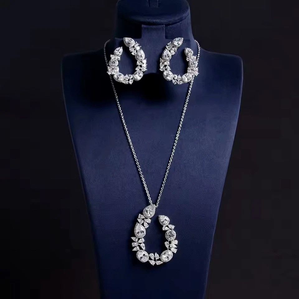 18k White Gold Plated Lab-Created Sapphire Necklace Earrings Bridal Jewelry Set - Image 3 of 4