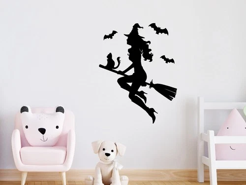 Halloween Witch On A Broomstic Wall Window Stickers Cat Car Decal Home Kids DIY - Picture 1 of 18