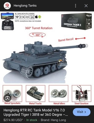 Heng Long 1/16 7.0 German Tiger I RC Metal Tracks Tank 3818 BB Shooting Infrared