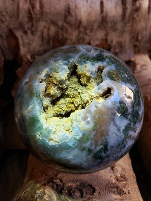 Moss Agate Green Blue Crystal Ball Sphere Orb with druzy, quartz, UV 821g or 1.8