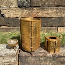 Vintage MCM 70s Italian Gilded Faux Bamboo Bathroom Set Trash Tissue Soap