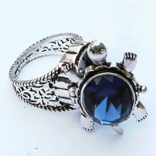 Blue Sapphire Lab Created Gemstone Turtle Poison Ring,925 Silver Poison Ring,