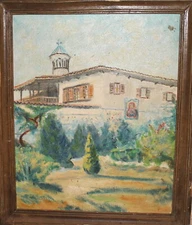 Vintage impressionist oil painting landscape monastery