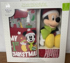 Disney Baby Mickey Mouse First Christmas Romper, Toy, Bib Gift Set 0-3 Mon New