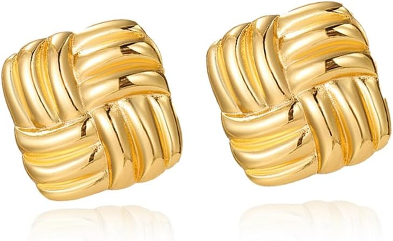 Gold Statement Chunky Stud Earrings for Women，Geometric Square Textured Vintage