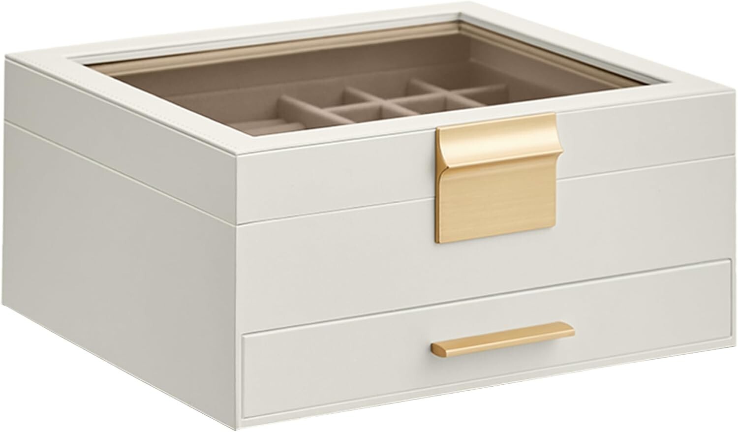 Cloud White & Gold 2-Layer Jewelry Box with Glass Lid and Drawer-image