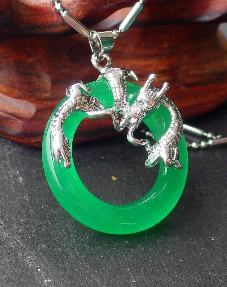 Белое золото пластина китайский зеленый нефрит подвеска круг дракон с цепочкой 101539 - Изображение 2 из 4
