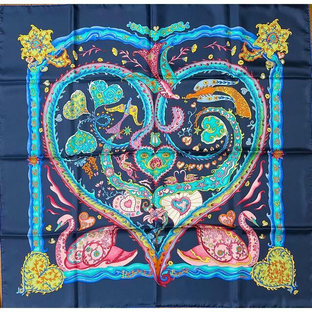 Hermes Scarf De Tout Coeur 90 cm Silk Navy blue Carre 35 Hermes Scarf De Tout Coeur 90 cm Silk Navy blue Carre 35