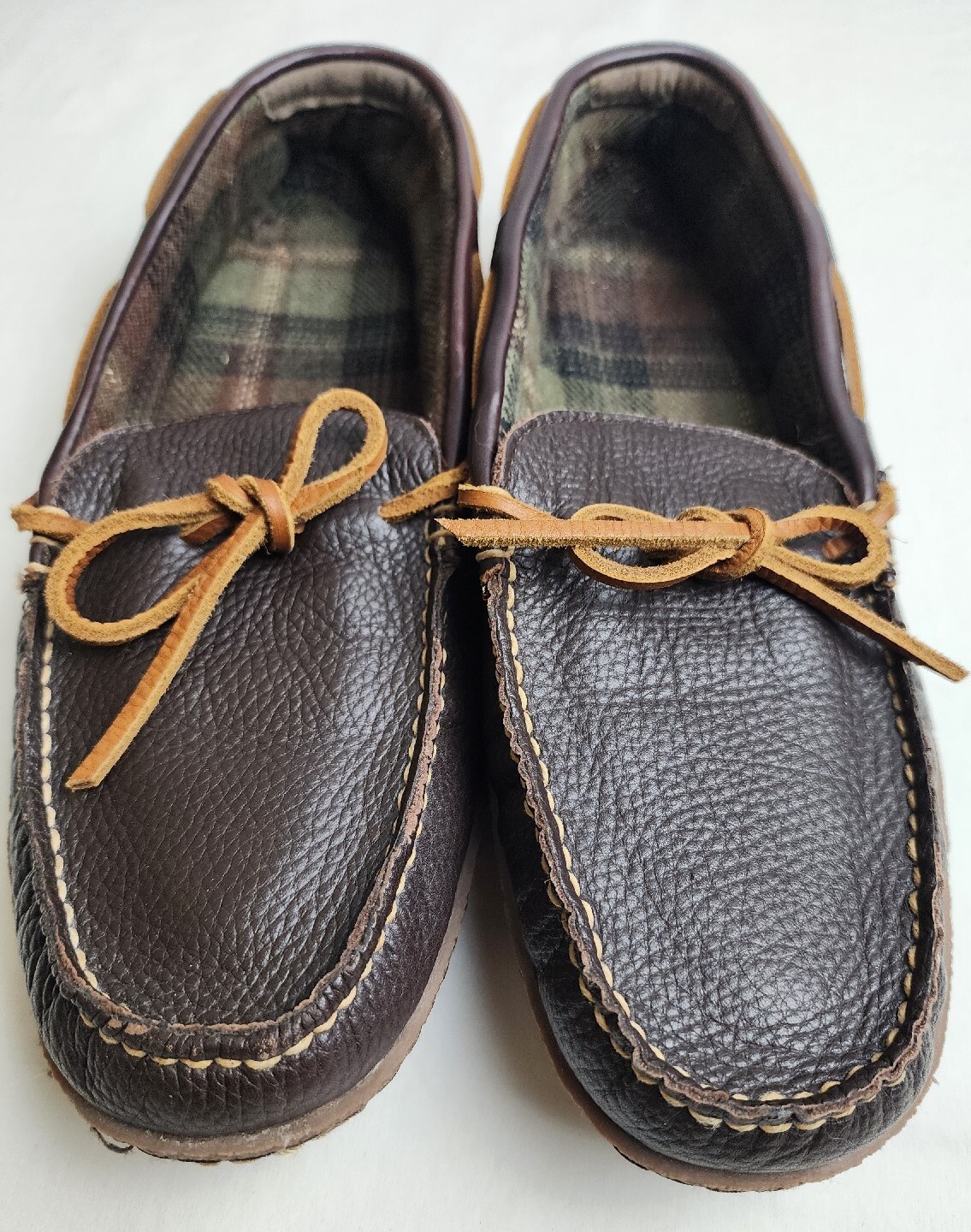 LL Bean Men's Brown Leather Slip On Flannel Lined Handsewn Slippers