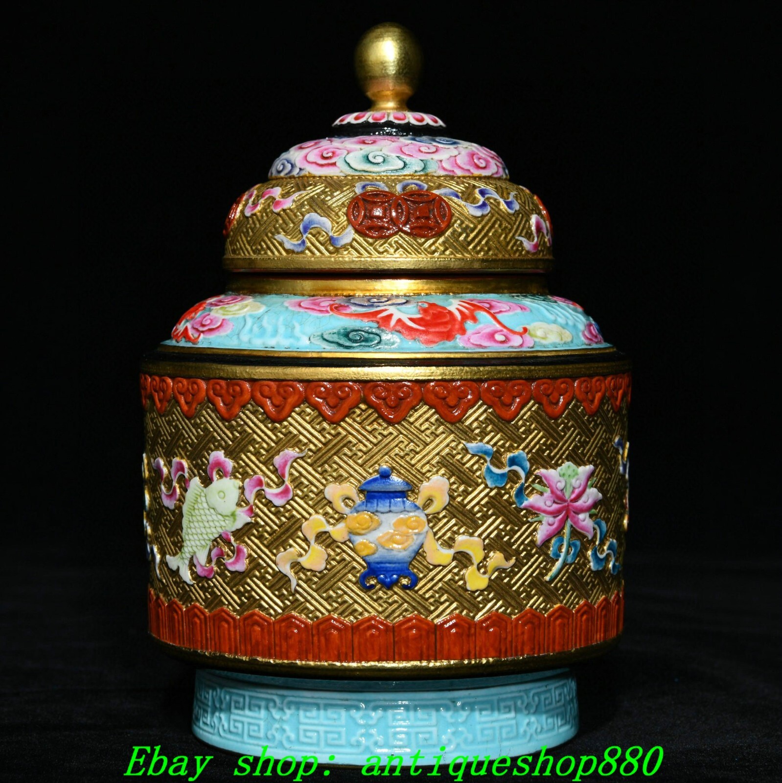 5.7''Qing Qianlong Famille Rose Porcelain Gold 8 Auspicious Symbol Crock Pot Jar