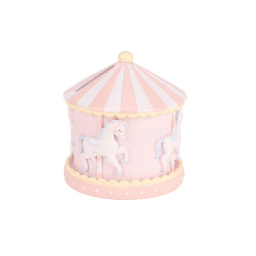 Carousel Money Box Piggy Bank Pink Resin Hello Baby Nursery Gift