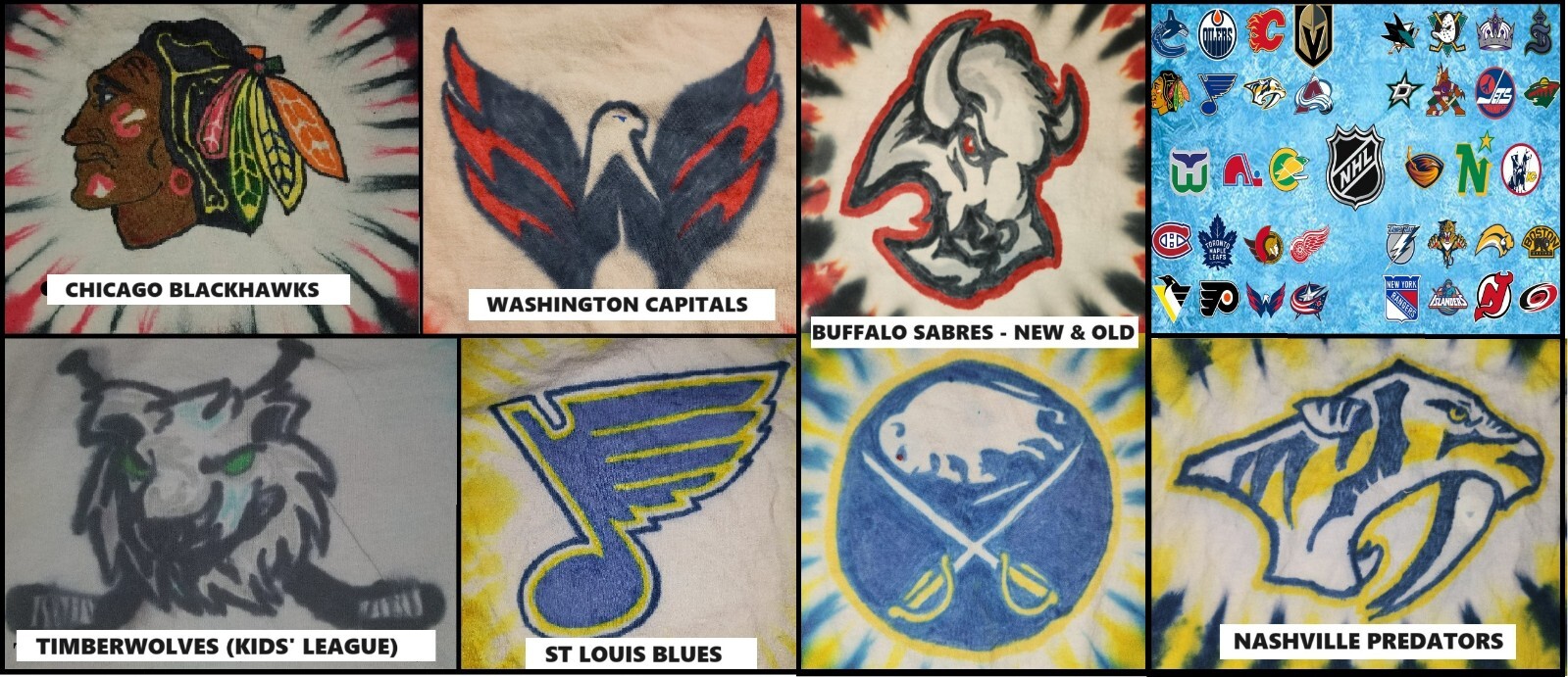 ALTRA Camicia tie dye fatta a mano ADULTO HOCKEY: BLACKHAWKS BLUES CAPITALS PREDATORS SABRE