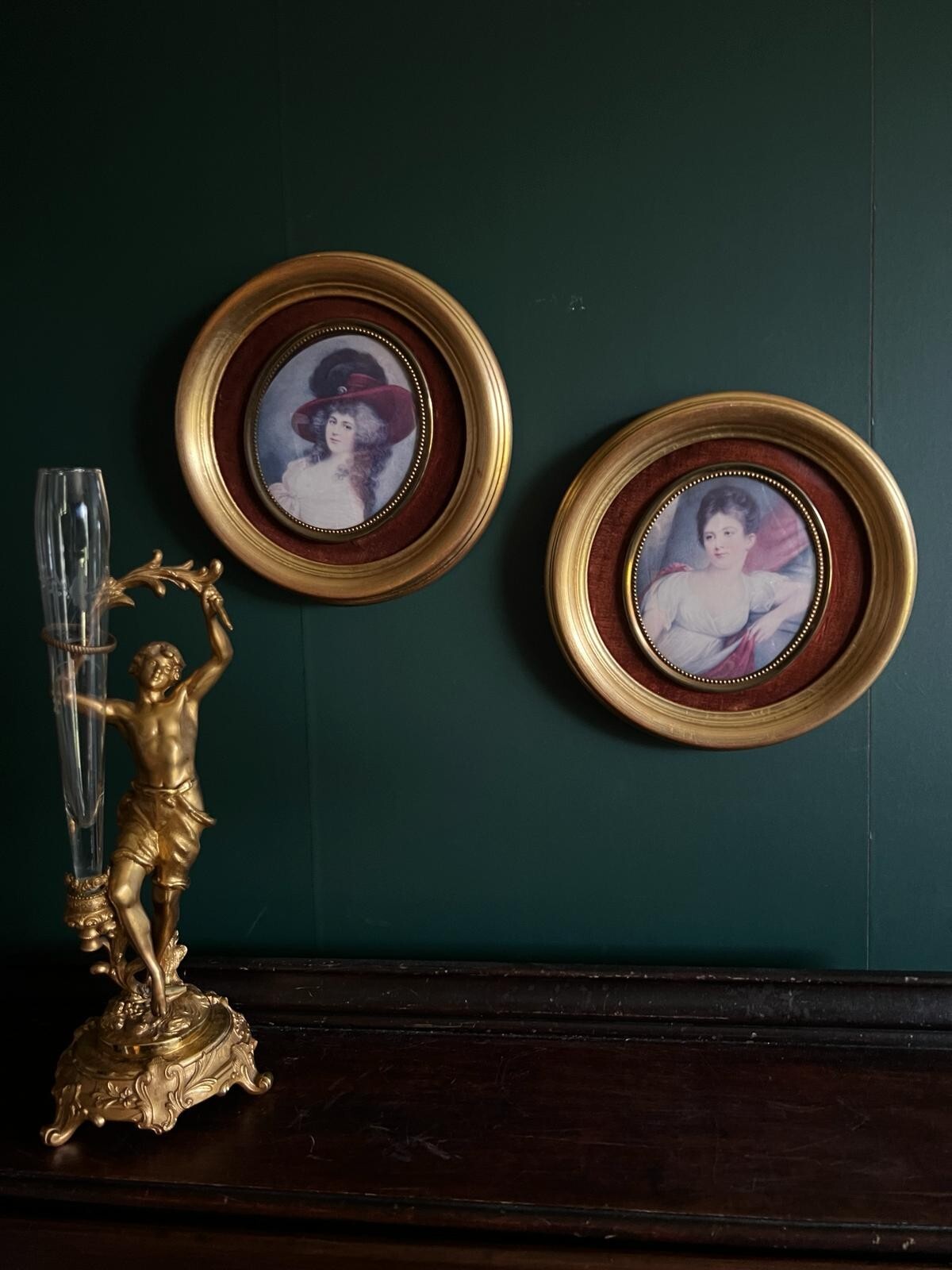Pair Of Framed Miniature Portraits Gold Round Frame Romantic Women Wall Art