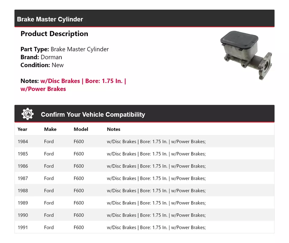 For 1984-1991 Ford F600 Dorman Brake Master Cylinder 1985 1986 1987 1988 1989 - Image 2 of 4