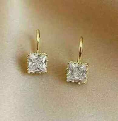 Women's Drop Earring 14K Yellow Gold Plated 2Ct Princess Cut Lab Created Diamond