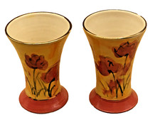 signed pair MURANO miniature vases 4" tall Gold trim Yellow Salmon Flower splats