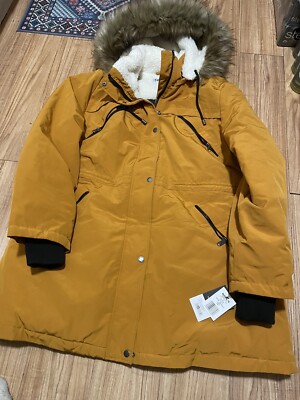 Nine West Faux Fur Trim Hood Puffer Jacket Winter Mustard