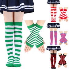 Women High Long Socks Striped Fingerless Gloves Set Over Knee Arm Warmer Casual