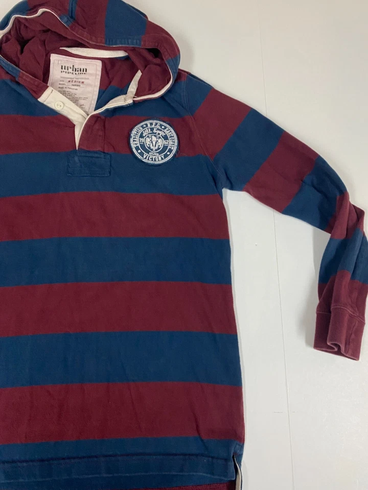 Urban Pipeline Sudadera con Capucha Mediana Para Hombre Rojo Rayas Botón Azul Pullover Foto 2 de 4