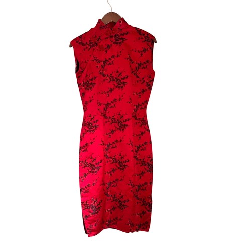 Vintage 1980s Chinese Brocade Cheongsam Dress Red/Black Satin Silk with Slip - Picture 2 of 17