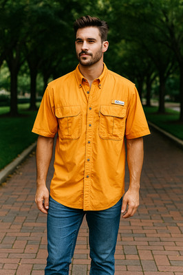 World Wide Sportsman Men L Orange Nylon Vented UPF50 Fishing Short Sleeve Shirt