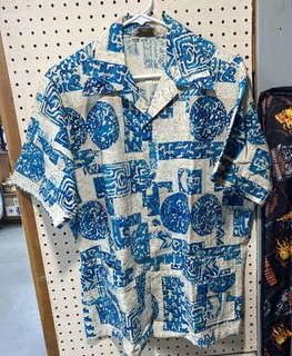 Camicia hawaiana vintage anni 60 Malihini Barkcloth Tribal Rockabilly 2 tasche sui fianchi