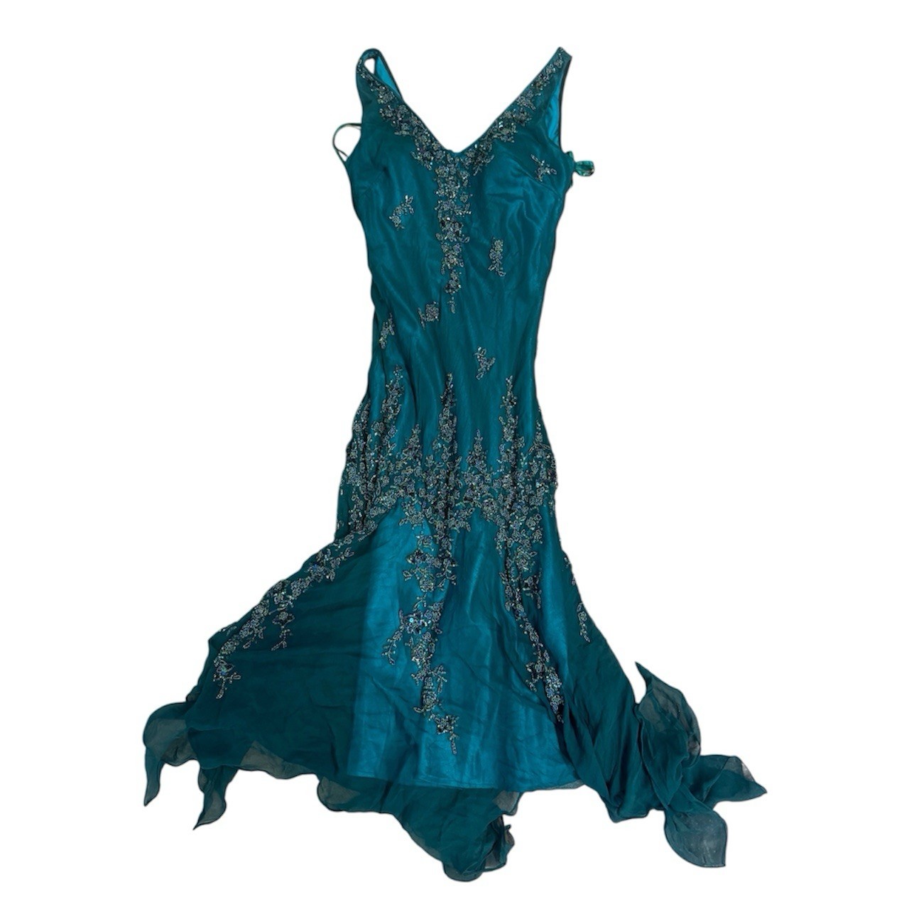 Sue Wong vibe 100% Silk Vintage Scala Teal Beaded fairy dress size Xs/Small