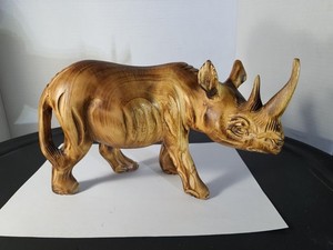 Animal Rhinoceros Hand Carved Wooden Figure Rhino Large Statue Art