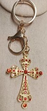 Red Rhinestone Gold Cross Bag Charm Keychain Key Ring Crystal NWOT