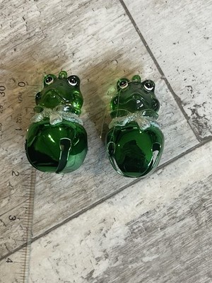 2 Frog and Jingle Bell Green Christmas Tree Ornament, 2.5'' Tall, Glass and Metal