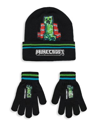 Minecraft Schwarzes Creeper & TNT Beanie und Handschuhe Set Jungen