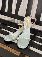 Badgley Mischka Blue Pearl Beaded Silk Strappy Ankle Strap Buckle Sandals 7