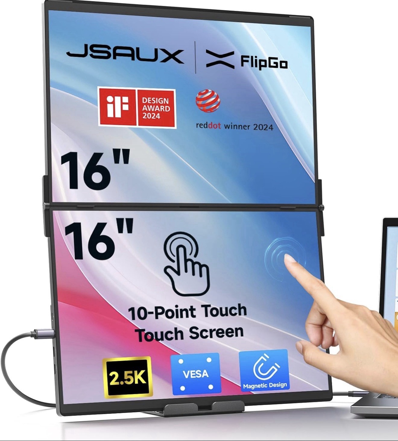 JSAUX FlipGo Touchscreen 16" 2.5K Dual Portable Monitor, Touchscreen