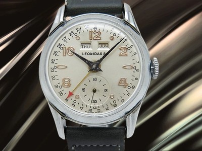 Leonidas Triple Calendar Manual Wind 17J Silver Dial Vintage 1940s-50s Watch