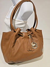 Michael Kors Astor Ring Tote Bag Leather Caramel Brown Pebbled Tassel Charm EUC