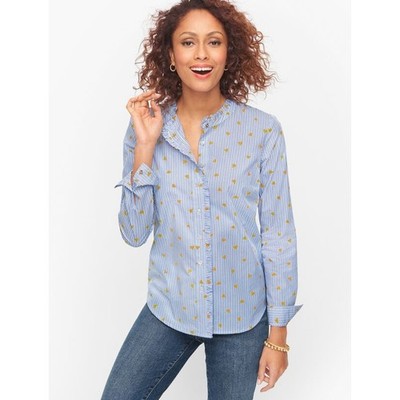 Talbots Poplin Top Ruffle Band Collar Cotton Heart Stripe Blue White Size 1X