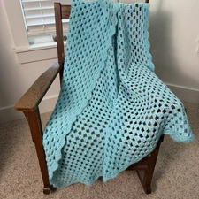Crocheted Baby Blanket Afghan Aqua Blue Handmade Unisex 46" x 40" Scalloped Edge