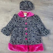 NEW Penelope Mack Ltd Black White Heart Pink Faux Fur Trim Coat Hat Set 4t