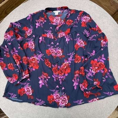 Ophelia Roe Women's Floral Smocked Ruffle Blouse Size XL Navy Pink & Red Roses